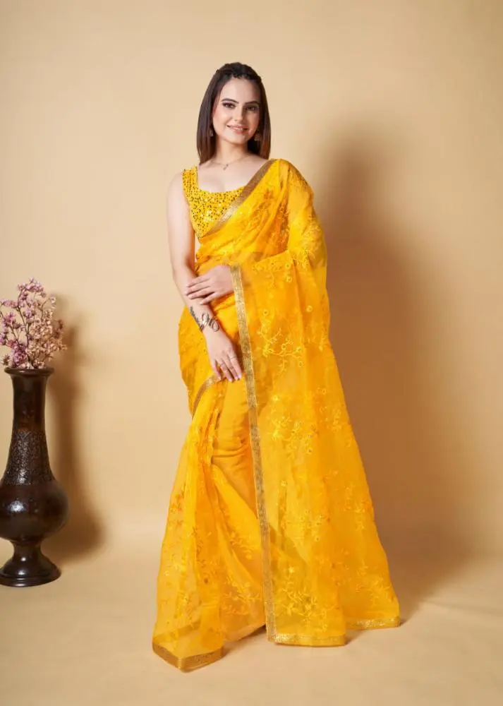 ELEGANT-YELLOW-ORGANZA-SAREE-WITH-LACE-AND-SEQUIN-WORK